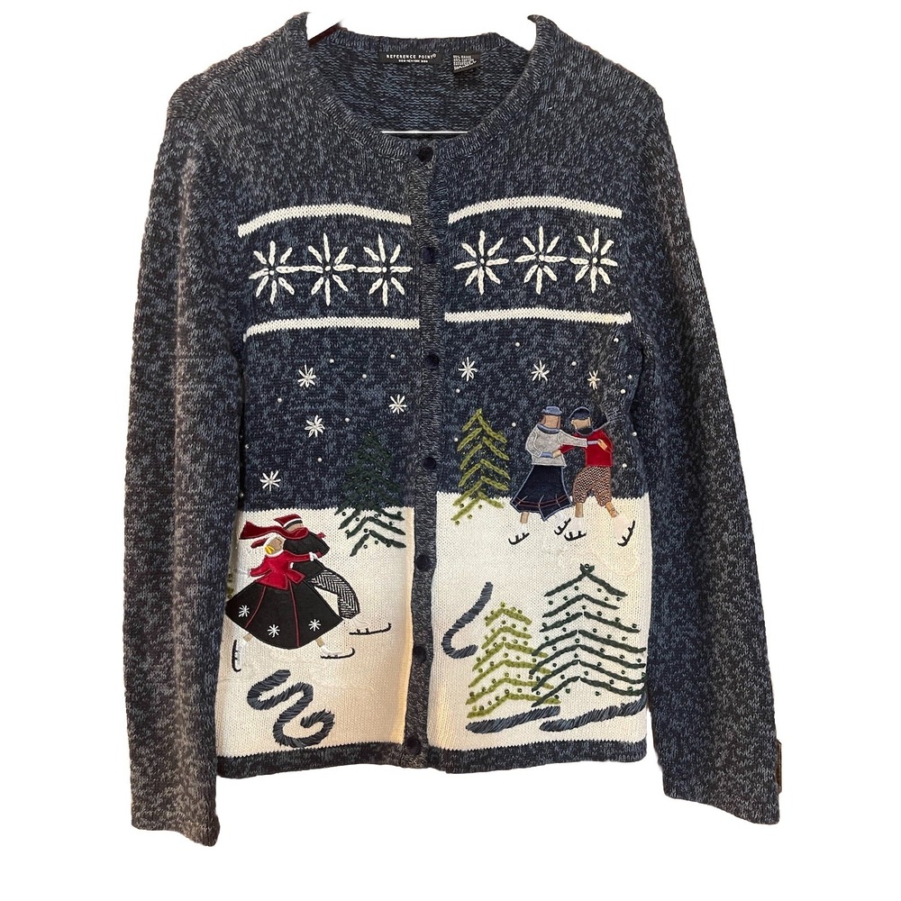 Women's Christmas Winter Cardigan Ugly Granny Ski Ramie Medium Blue White
